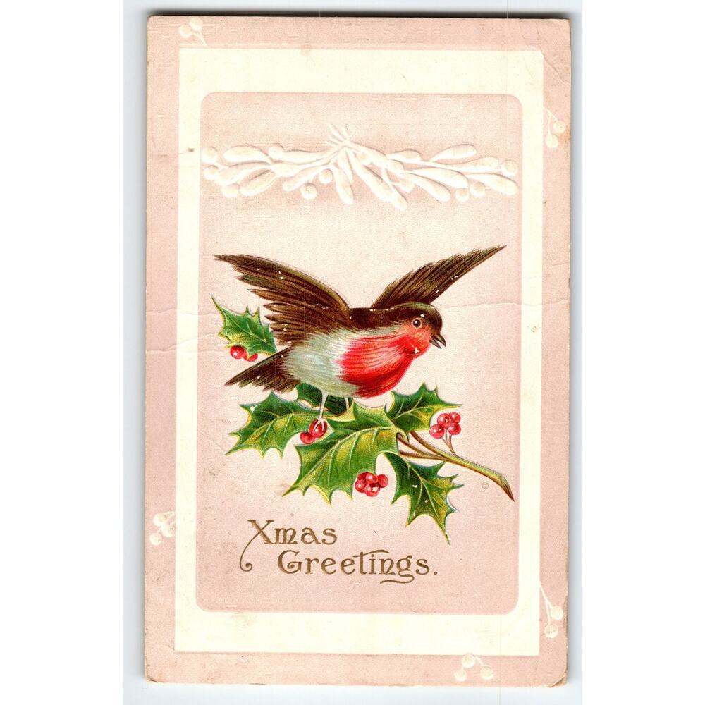 Vintage Embossed Christmas Postcard Robin on Holly Branch 1910s